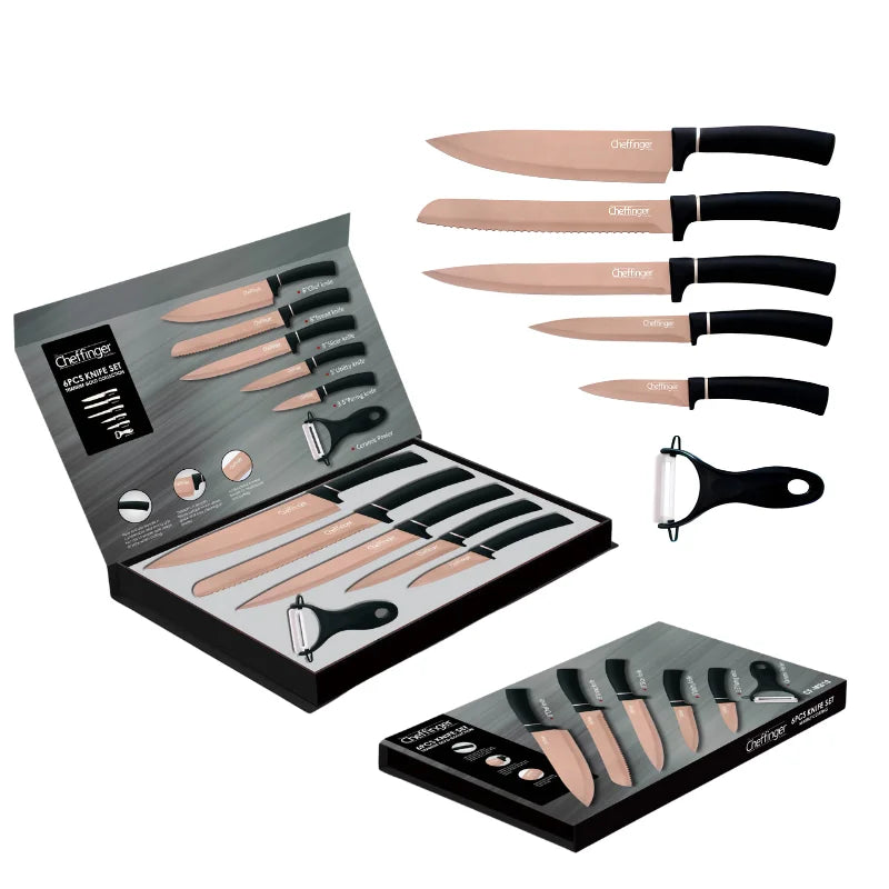 Cheffinger MB12 knife set with peeler, 6 pieces, antibacterial coating, pink