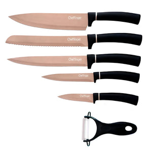 Cheffinger MB12 knife set with peeler, 6 pieces, antibacterial coating, pink