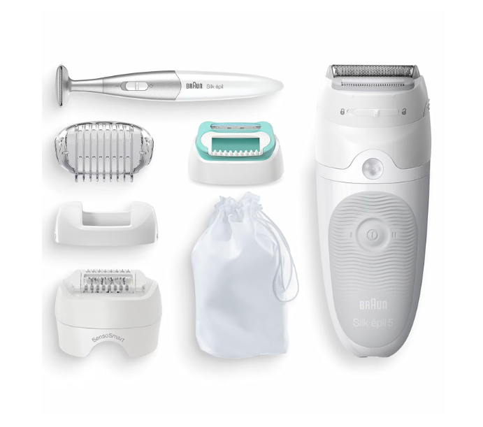 Епилатор Braun Silk-épil 5 5-825, Wet&Dry, 2 скорости, 28 пинсети, 5 приставки, чанта, Бяло/Сиво