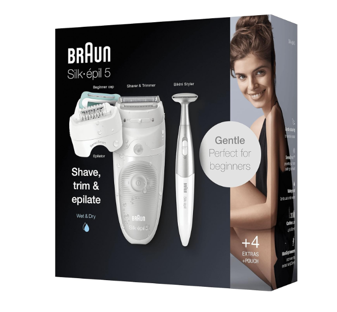 Епилатор Braun Silk-épil 5 5-825, Wet&Dry, 2 скорости, 28 пинсети, 5 приставки, чанта, Бяло/Сиво