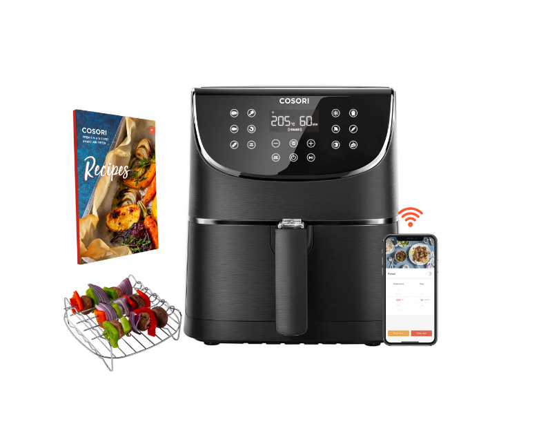 Фритюрник с горещ въздух Cosori Premium Smart Air Fryer, Смарт, Голям капацитет - 5.5L XXL, Подарък книжка със 100 рецепти, 11 програми