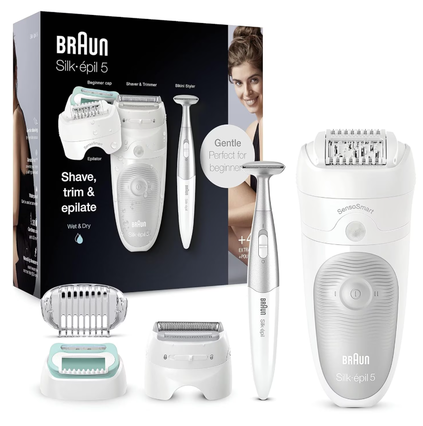 Епилатор Braun Silk-épil 5 5-825, Wet&Dry, 2 скорости, 28 пинсети, 5 приставки, чанта, Бяло/Сиво