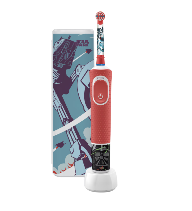 Oral-B Vitality Star Wars electric toothbrush, For children, 7600 oscillations/min, 2D cleaning, 2 programs, 1 nozzle, 4 stickers included, Travel set, Red