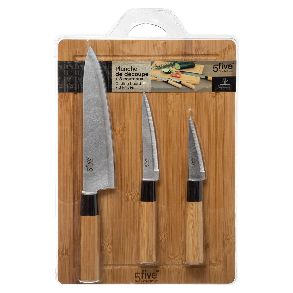 Set of 3 knives and board 5Five, Bamboo, 40x25 cm