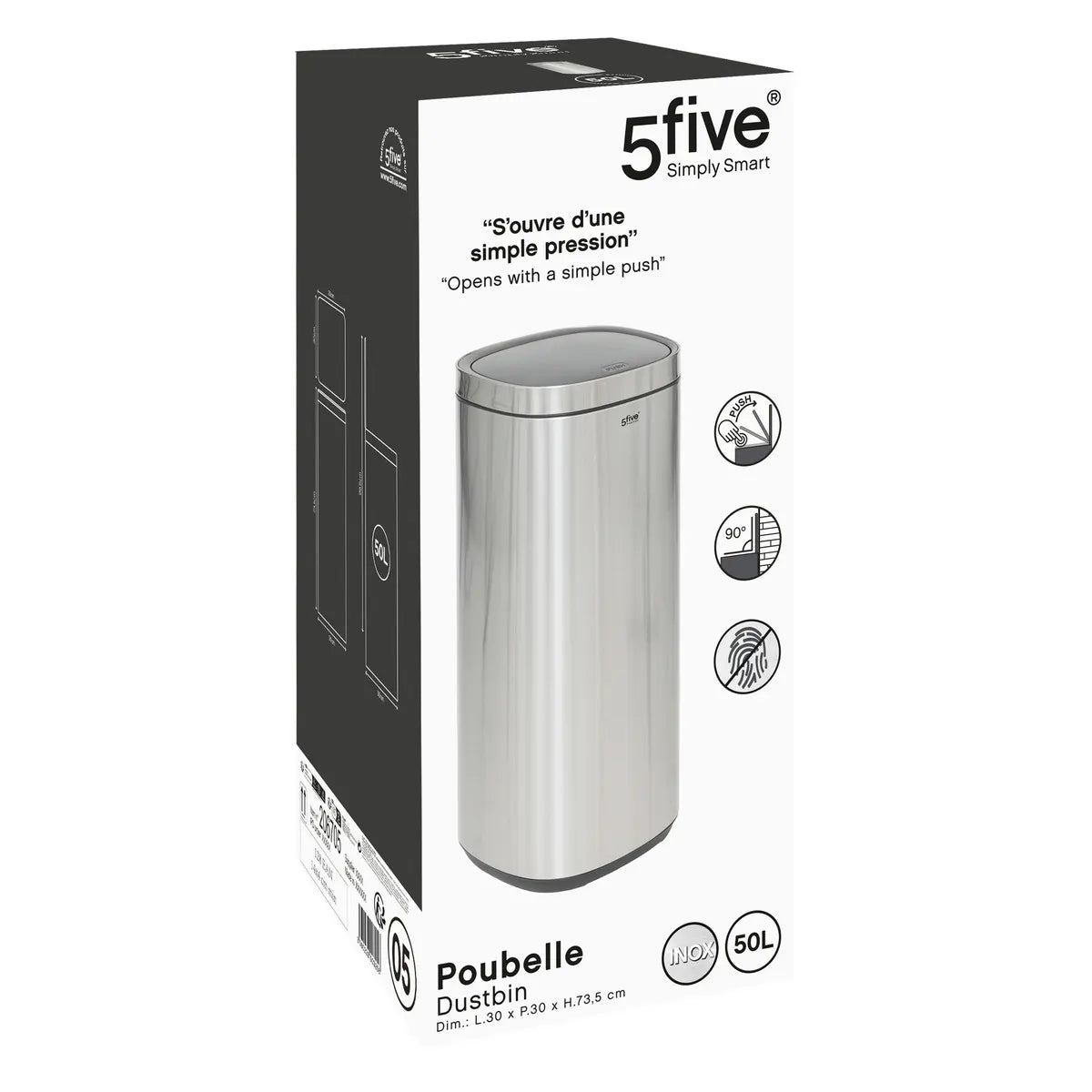 Кош 5five, Кръгъл, Инокс, Пуш бутон, 50 L