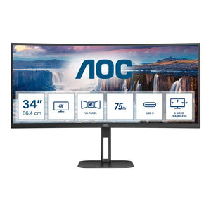 Монитор AOC U34V5C/BK 34'', WLED VA Panel, Anti Glare, 3H, 21:9, 3440x1440, 100Hz, Free Sync, Flicker-free, Low blue light, PIP, PBP, HDMI, DisplayPort, USB-C, 4x USB 3.2