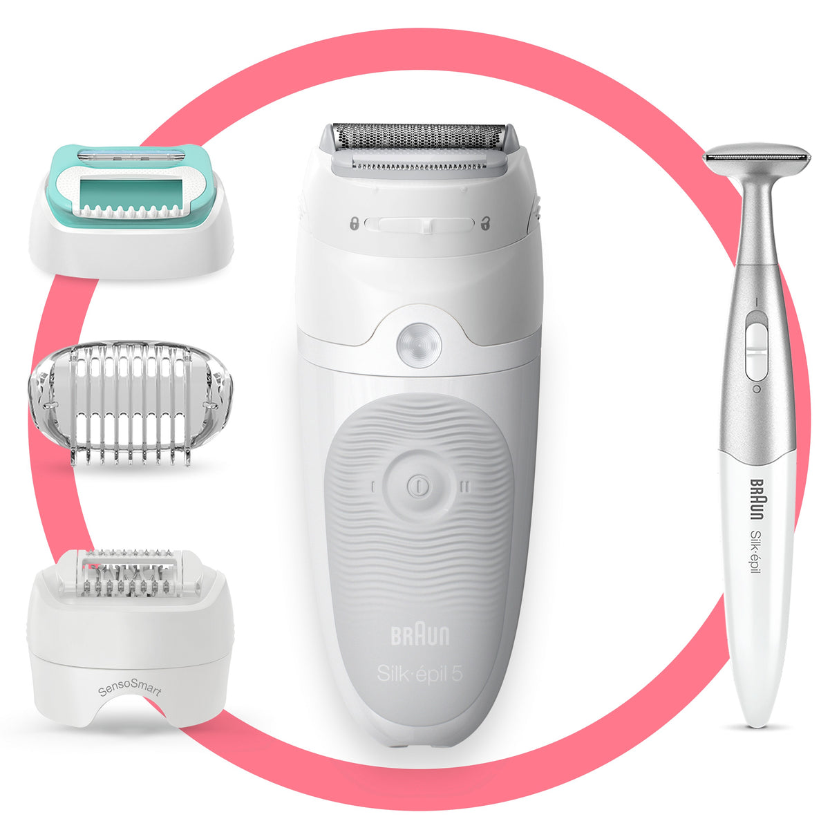 Епилатор Braun Silk-épil 5 5-825, Wet&Dry, 2 скорости, 28 пинсети, 5 приставки, чанта, Бяло/Сиво
