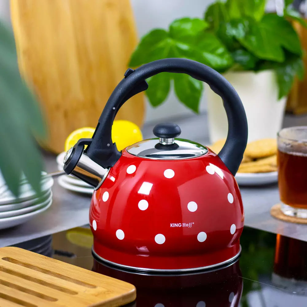 Whistling kettle KingHoff 1049, 2L, Heat-insulated handle, Suitable for induction, Inox, Red/white