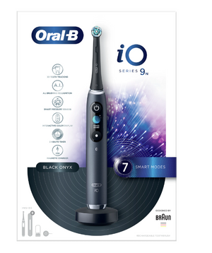 Oral-B iO9 Electric Toothbrush with Magnetic Technology and Microvibration, Artificial Intelligence, LED Display, Smart Pressure Sensor, Magnetic Charger, Travel Kit with Charger, Black