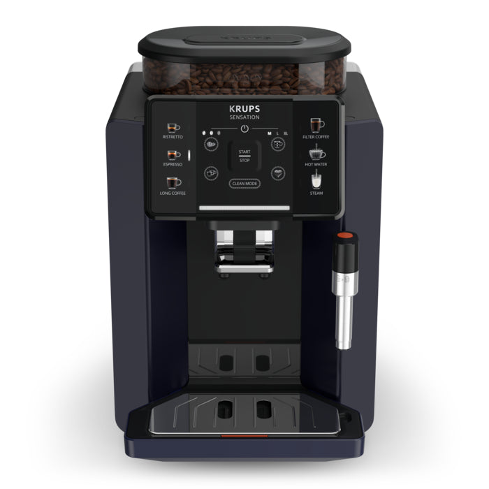 Coffee machine Krups Sensation EA910B10, 5 recipes, Touch screen, Pressure 15 bar, Coffee tank capacity 260 g, Steam nozzle, 1450W, Thermoblock Compact system, Black/Purple 