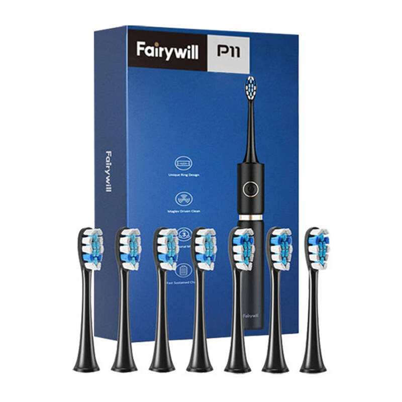 Ултразвукова четка за зъби FairyWill PRO FW-P11 Sonic Toothbrush с накрайници и калъф, Черен