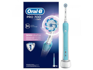 Electric toothbrush Oral-B Pro 700 Sensi Ultrathin, 40000 pulsations/min, 8800 oscillations/min, 3D cleaning, 1 program, 1 tip, White/Blue