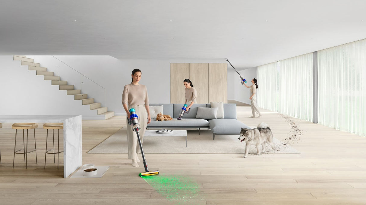 Вертикална прахосмукачка Dyson V15 Detect Fluffy 2023, 47657501 , HEPA, LCD дисплей, 660W, Автономия 60 мин, Син/Никел