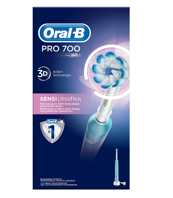 Electric toothbrush Oral-B Pro 700 Sensi Ultrathin, 40000 pulsations/min, 8800 oscillations/min, 3D cleaning, 1 program, 1 tip, White/Blue