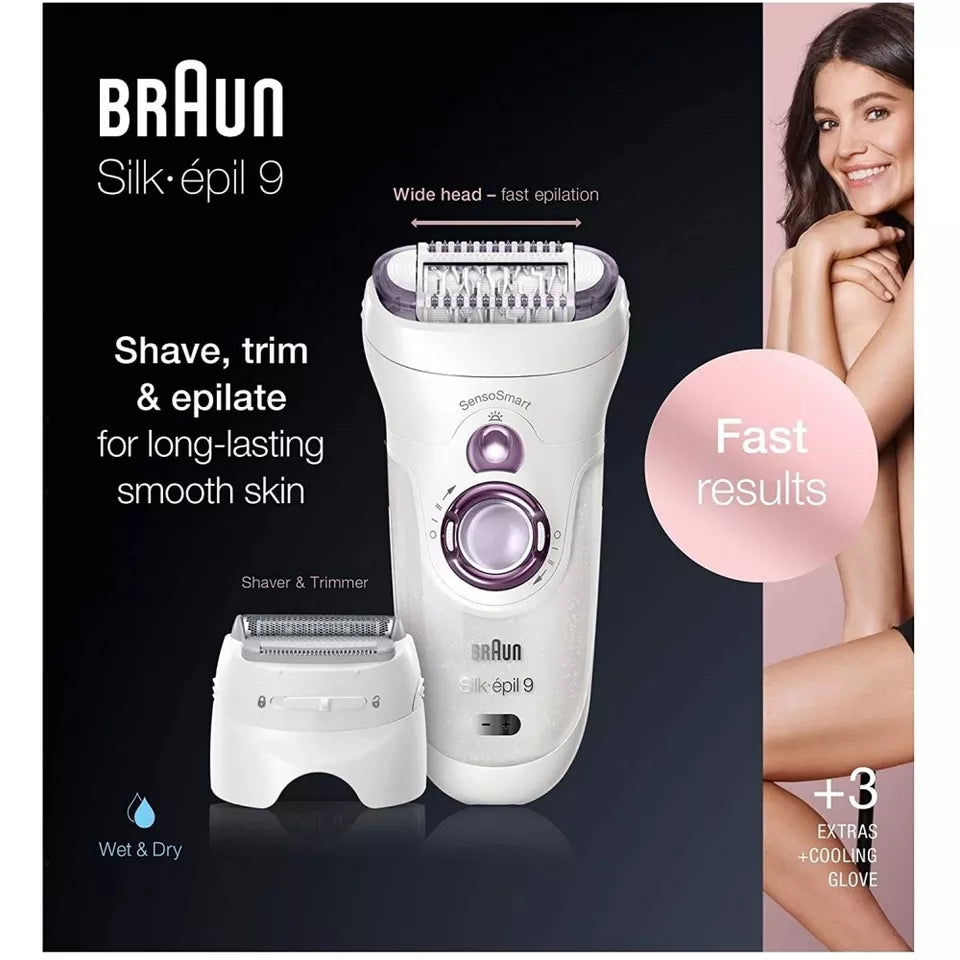 Епилатор Braun Silk 9 9/700 SensoSmart, Micro-Grip, мокър и сух, 40 пинсети, 2 скорости, пътна чанта, Бял/Лилав