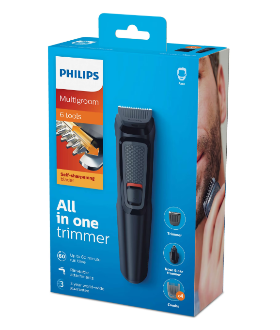 Мултифункционален тример за лице 6 in 1 Philips Multigroom MG3710/15, Без кабел, Автоматично наточващи се остриета, 4 гребена, Черен