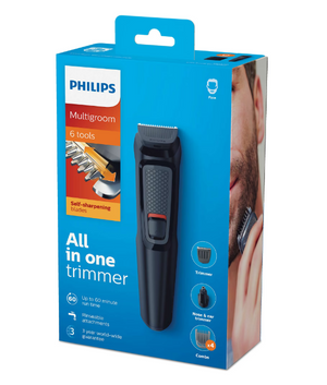 Multifunctional facial trimmer 6 in 1 Philips Multigroom MG3710/15, Cordless, Self-sharpening blades, 4 combs, Black 